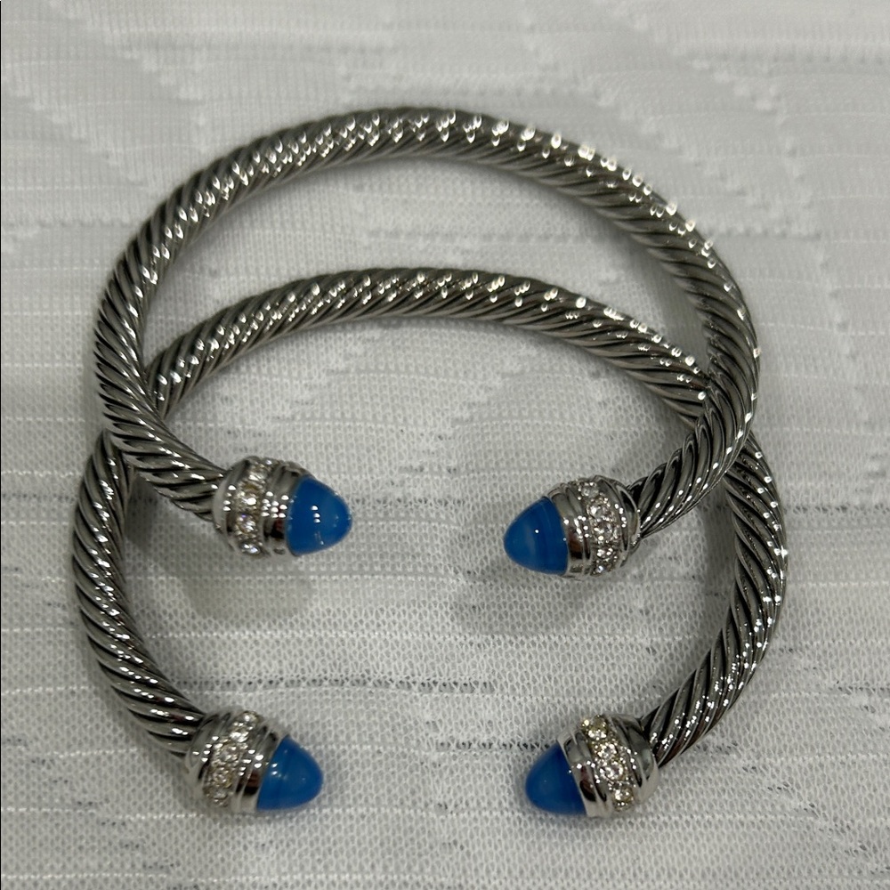 Designer Inspired Silver and Blue Cable Bracelet Set